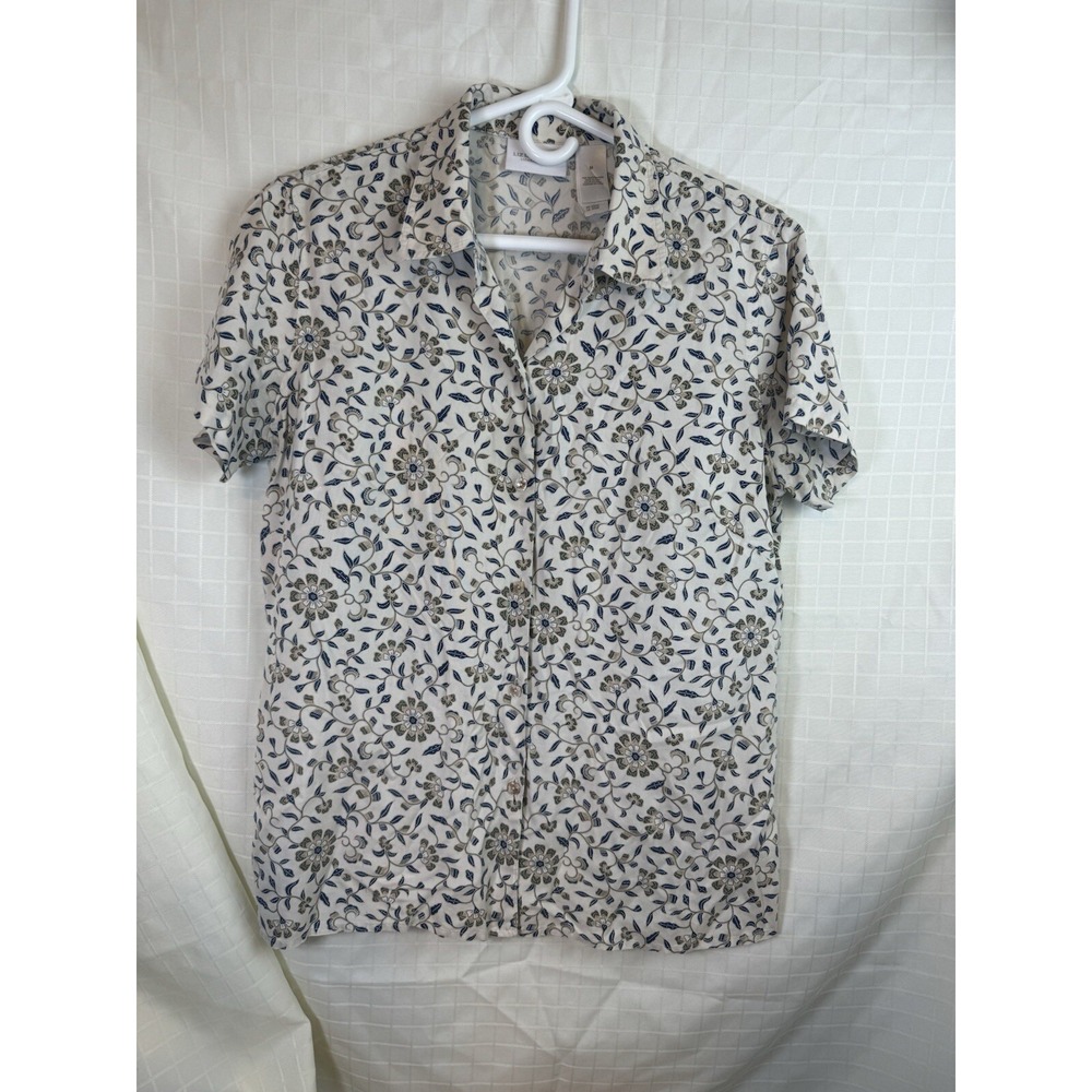 LIZ CLAIBORNE WOMENS Cream Tan  SILK Floral SHORT SLEEVE BUTTON DOWN SHIRT M